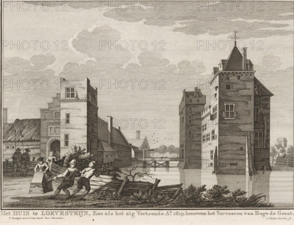 Escape of Hugo de Groot in the book chest from Loevestein Castle, 1621, The House at Loevestein, as