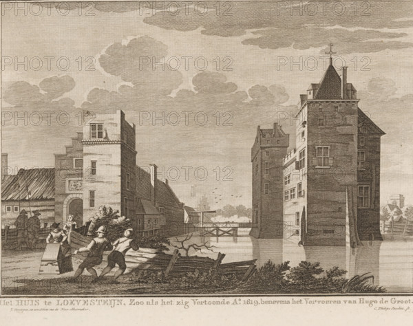 Escape of Hugo de Groot in the book chest from Loevestein Castle, 1621, The House at Loevestein, as