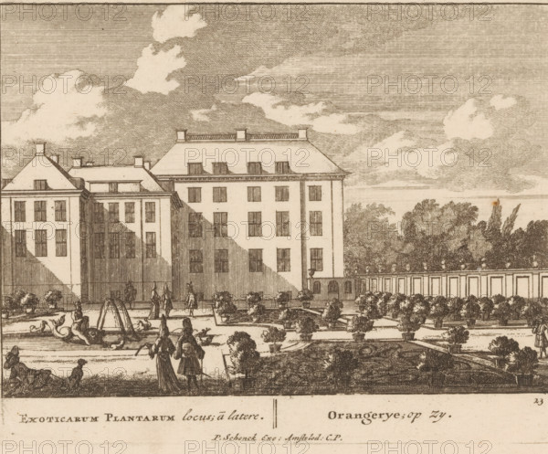 Exoticarum Plantarum locus, ã latere, Orangerye, op zy, View of the orangery of Paleis het Loo,