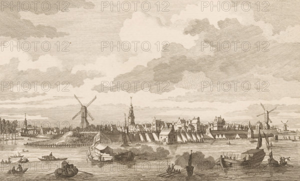 Arnhem seen from across the water, print, 1700 - 1750, printmaker, paper, etching, height 165 mm x