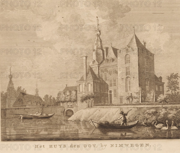 Het Huys den Ooy, by Nimwegen, View of Ooy Castle from the water, print, Netherlands, c. 1770 - c.