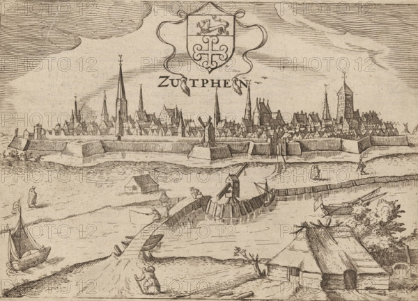 Zutphen, View of Zutphen from across the IJssel, print, book illustration, publisher: Jan Jansz.,