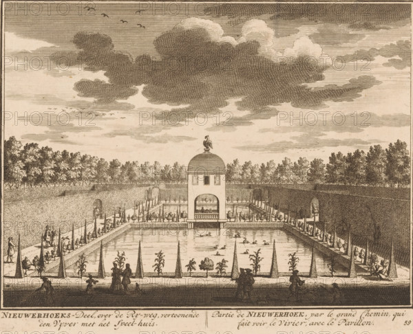 Nieuwerhoeks-Deel, over de Ry-weg, vertoonende den Vijver met het Speel-huis, Partie de