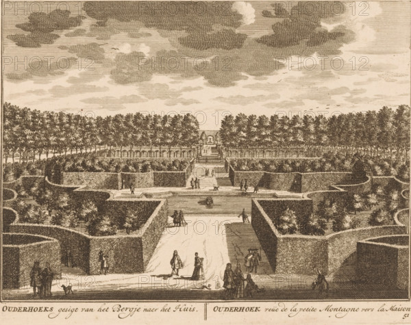 View of the garden of Ouderhoek, Ouderhoeks gesigt van het Bergje naer het Huis, Ouderhoek veüe de