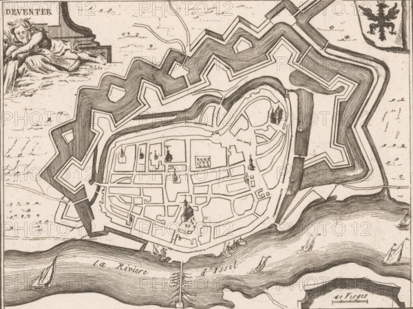 Fortification map of Deventer, Deventer, area plan, print, Top left a river god. Top right the city