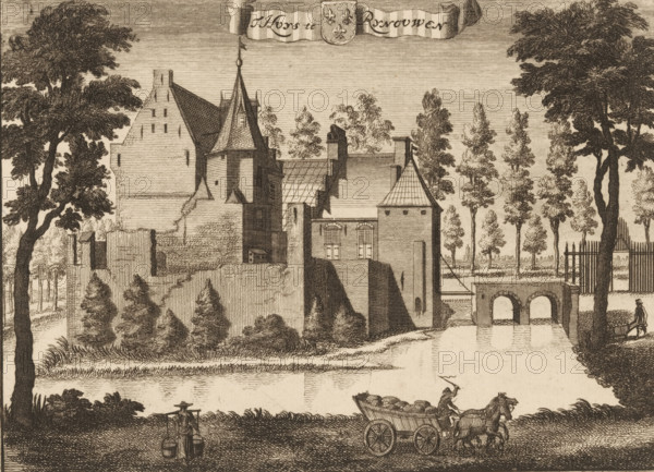 View of the house or castle Rhijnauwen near Bunnik, T huys te Rynouwen, print, book illustration,