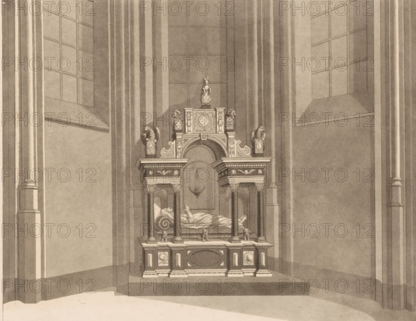 Church interior with gisant, print, number: 'T 974, s-', France (possibly), 1700 - 1799,