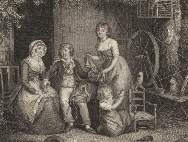 Family in a portico with a spinning wheel, print, France, 1800 - 1850, printmaker, paper,