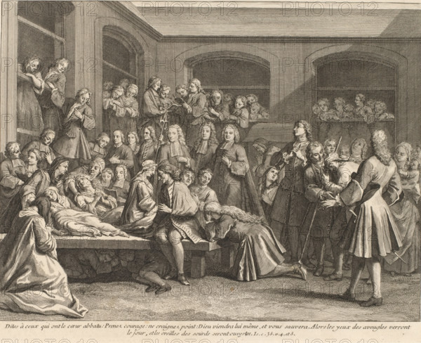 Mourning figures around the tomb of François de Pâris, print, book illustration, France, publisher: