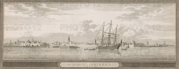 View of Vlissingen, 1743, The city of Vlissingen seen from the sea, print, book illustration,