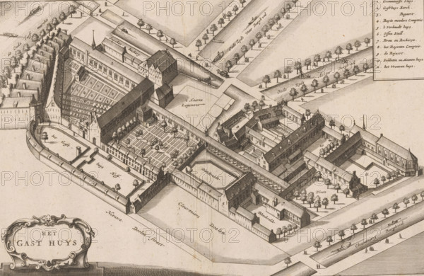 Bird-of-the-art view of the Binnengasthuis in Amsterdam, Het Gast huys, print, book illustration,