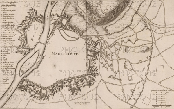 Maestricht, Fortification map of Maastricht, 1673, area plan, print, On the left a French legend