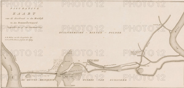 Map of dike breach in the Bommelerwaard, 1809, Figurative Map of the breach in the Meidijk in the