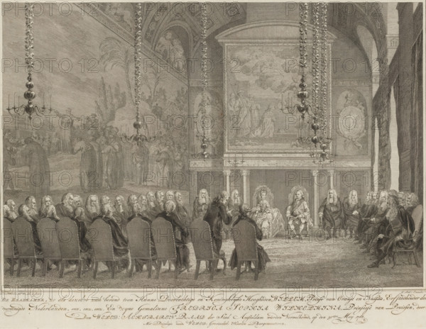 Willem V and Wilhelmina of Prussia received by the council, 1768, The Council Chamber, as it