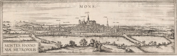 Montes, hannoniae metropolis, View of Mons, print, book illustration, View of Mons with text in