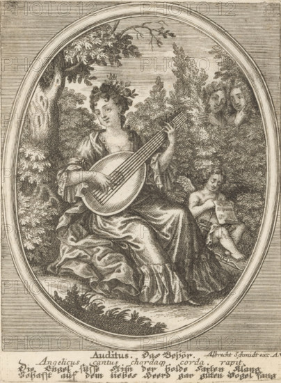 Auditus, Das Gehör, Hearing, Personifications of the five senses, print, Germany (possibly),