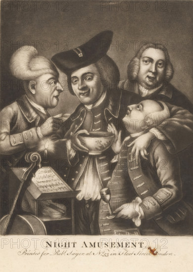 Night Amusement, Four drinking men next to a stand with sheet music, print, number: '30',
