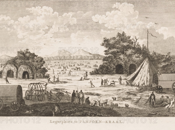 Military camp at Pampoen-Kraal, Original inhabitants of Durbanville, print, book illustration,