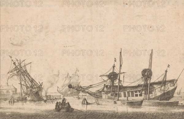 Two keeled sailing ships, print, Mirror image copy. A shipyard with two underlays keeling a large