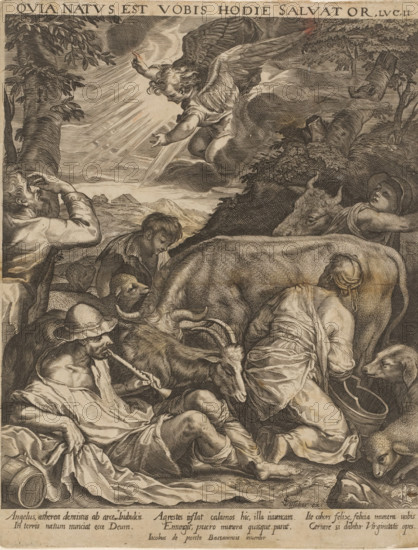 Abraham leaves for Shechem, Annunciation to the shepherds, print, Netherlands, after design by
