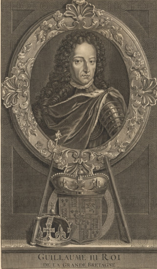 Portrait of William III, Prince of Orange, print, Portrait of William III in an ornamented oval. In