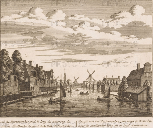 View of the Rustenwerker path along the waterway, next to the Stadlander bridge, and the city of