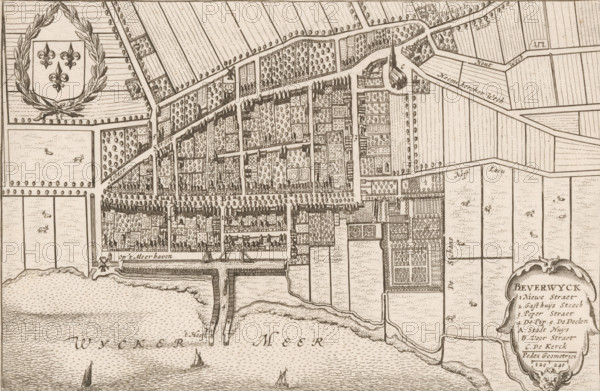 Beverwyck, Map of Beverwijk, area plan, print, Map in bird's-eye perspective. Top left the coat of