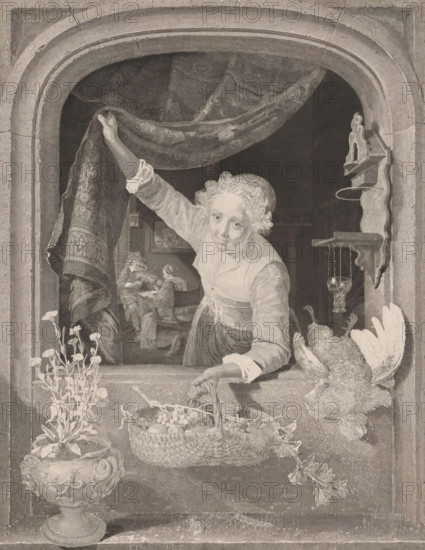 Woman with a basket of fruit in her hand by the window, print, A young woman with a basket of fruit