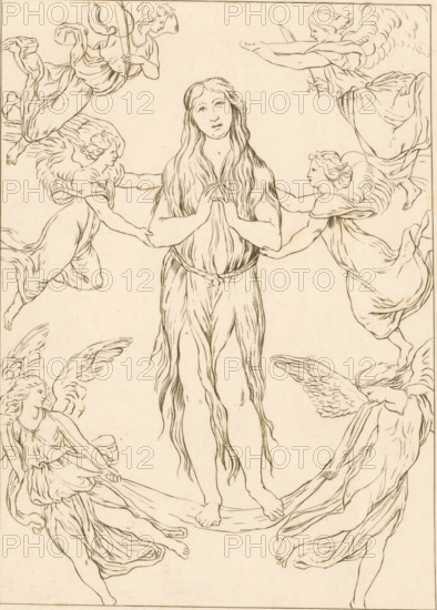 Assumption of Mary Magdalene, print, She is carried by four angels. Above her two more musical