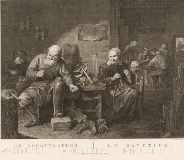The Shoemaker, Le Savetier, Shoemaker in workshop and spinning woman, print, printmaker: Johannes
