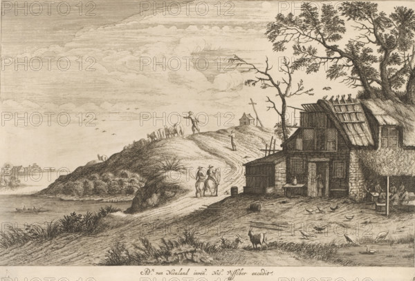 Roadside Inn, Landscapes, print, Series number, 8, Canopyed inn, under which a company is seated at