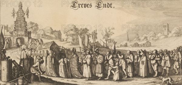 Treves being carried to the grave, 1621, Treves Endt, print, propaganda print, 1621. Allegory on