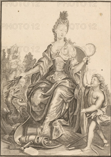 Summer, L'Esté, print, Series number, 2, Personification of summer as a woman with a sickle and