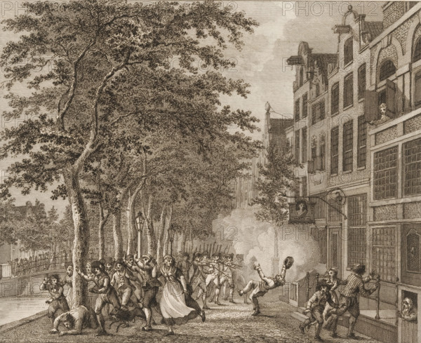 Riot in front of a tailor's house in Amsterdam, 1748, print, Unrest during the Tenant Farmers'