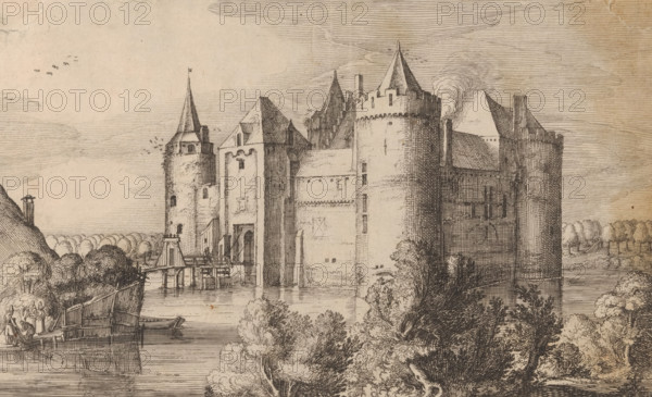 t Slot te Muyden, in Zuijdt Hollandt, View of Muiderslot, print, printmaker: Claes Jansz. Visscher