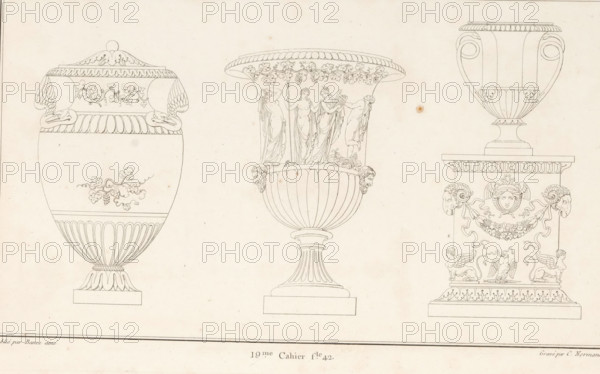 Three vases, ornamental print, Ornamental print with three vases, one on a pedestal. Part (19th.