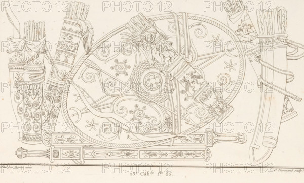 Weapon trophy, ornamental print, ornament with weapons and armor, taken from the Column of Trajan.