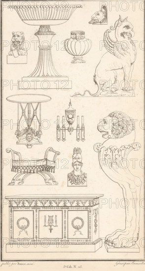 Various ornaments, ornamental print, Ornamental print with various furniture and other objects.