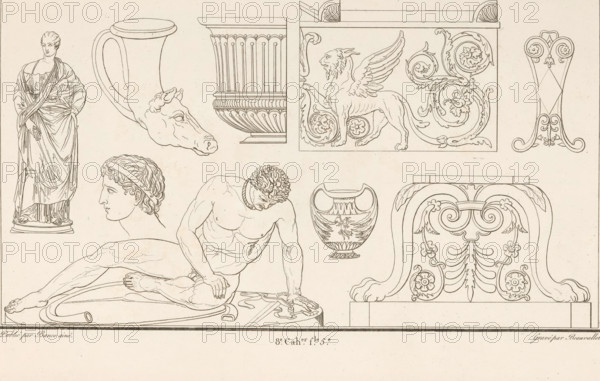 Various ornaments, ornamental print, Ornamental print with various objects, at the bottom the image