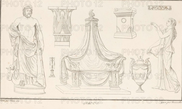 Various ornaments, ornamental print, Ornamental print with a central couch with a canopy, and a