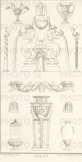 Fountain and various vases, ornamental print, Ornamental print including a fountain and various