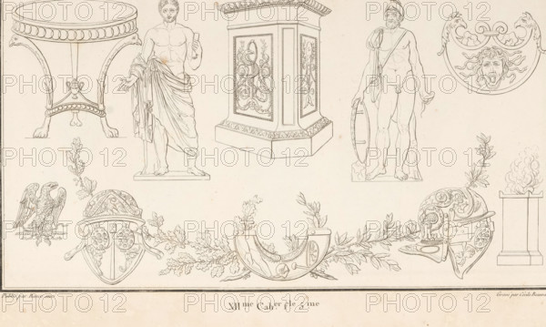 Various ornaments, ornamental print, Ornamental print with two central standing male figures on