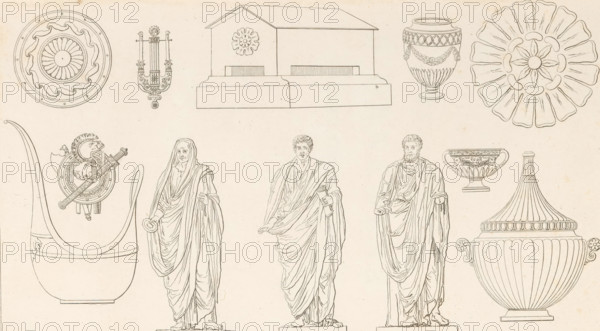 Various ornaments, ornamental print, Ornamental print with three standing figures centrally at the