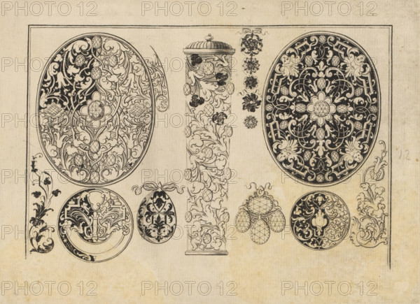 designs for snuffbox and jewelry lids, print, album page, ornamental print, Series number, 12, 16,