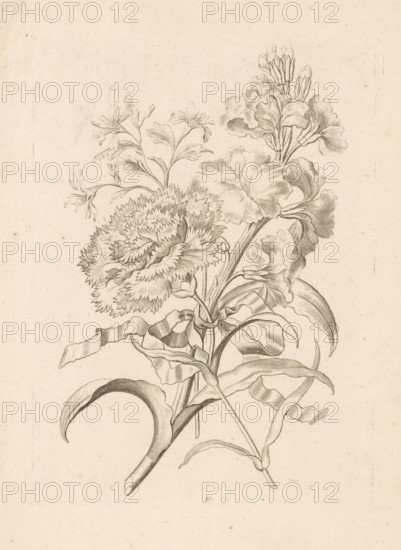 Bunch with lilies, rose and other flowers, print, Series number, 10, Numbered bottom center: 10.,