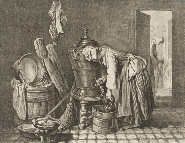 Interior with woman filling a jug with water, print, printmaker: Alfred de Dreux, Netherlands,