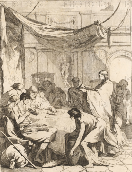 Feeding the hungry, The Seven Works of Mercy, print, Part of a series of seven works of mercy with