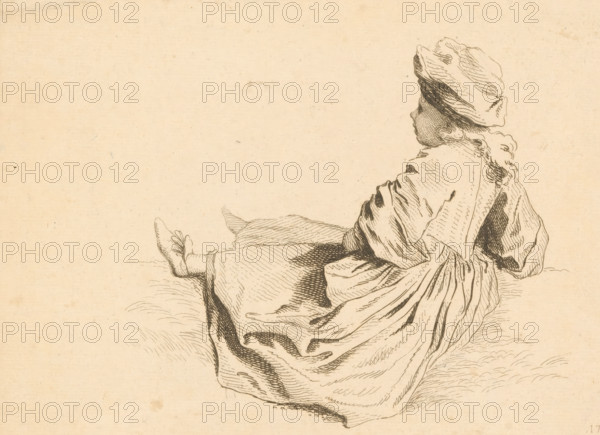 Sitting child with hat and dress, seen from the side, Prints after drawings by Watteau, Figures de