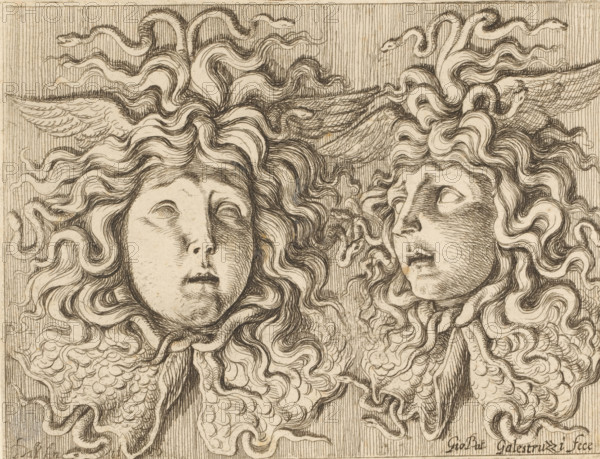 Two heads of Gorgons, print, printmaker: Giovanni Battista Galestruzzi, Italy, after sculpture by