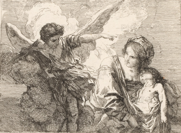 The angel appears to Hagar and Ishmael in the desert, print, printmaker: Charles François Hutin,